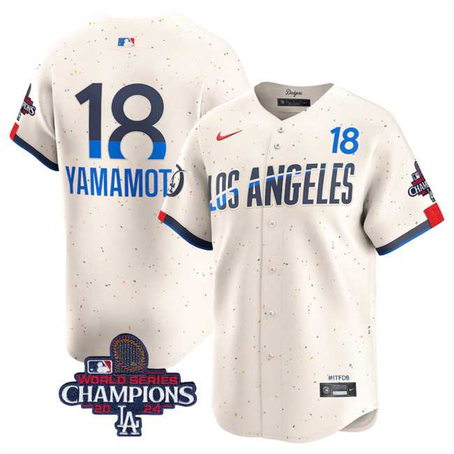 Men%27s Los Angeles Dodgers #18 Yoshinobu Yamamoto Cream 2024 World Series Champions City Connect Limited Stitched Baseball Jersey